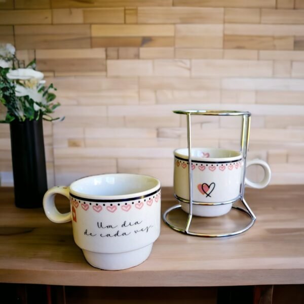 Jogo De 2 Xícara Café Chá Porcelana Com Suporte Para Xícaras/Rosa