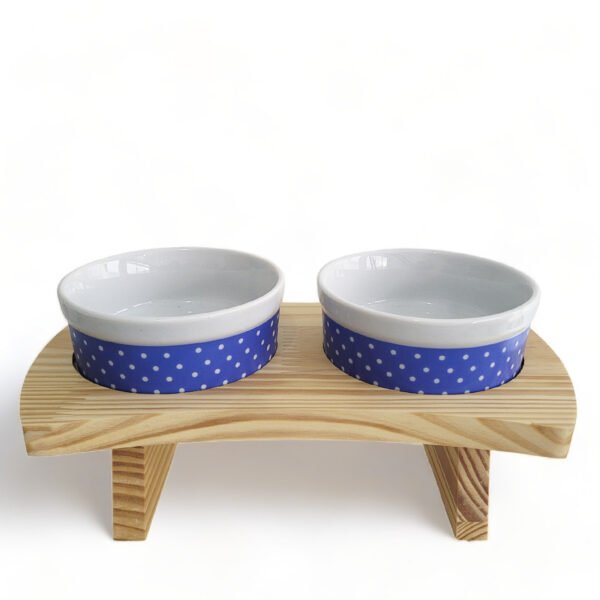 Comedouro Elevado Com Potes de Porcelana 300ml Poá Azul
