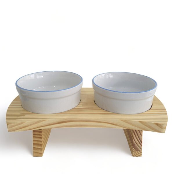 Comedouro Elevado Com Potes de Porcelana 300ml Borda Azul