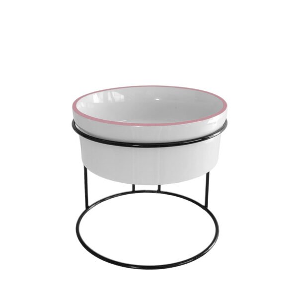 Comedouro Elevado Com Pote de Porcelana 300m Borda Rosa